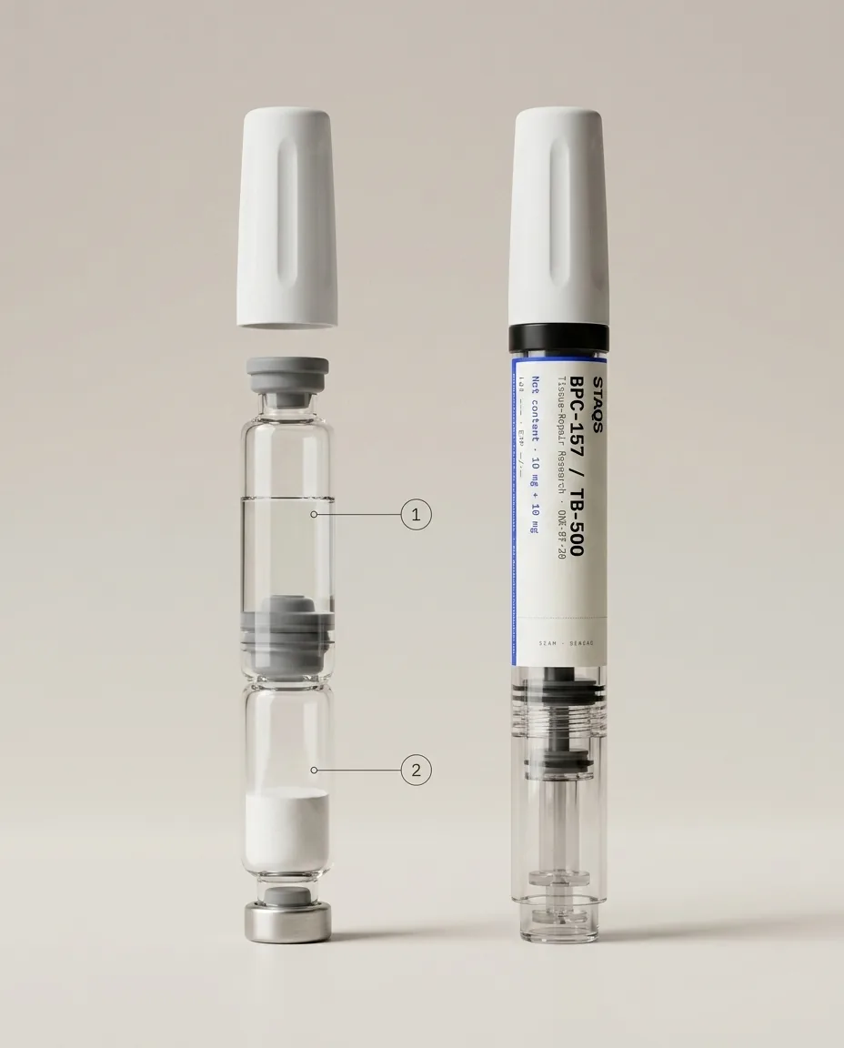 BPC-157 / TB-500 research reagent: dual-chamber reconstitution set specimen